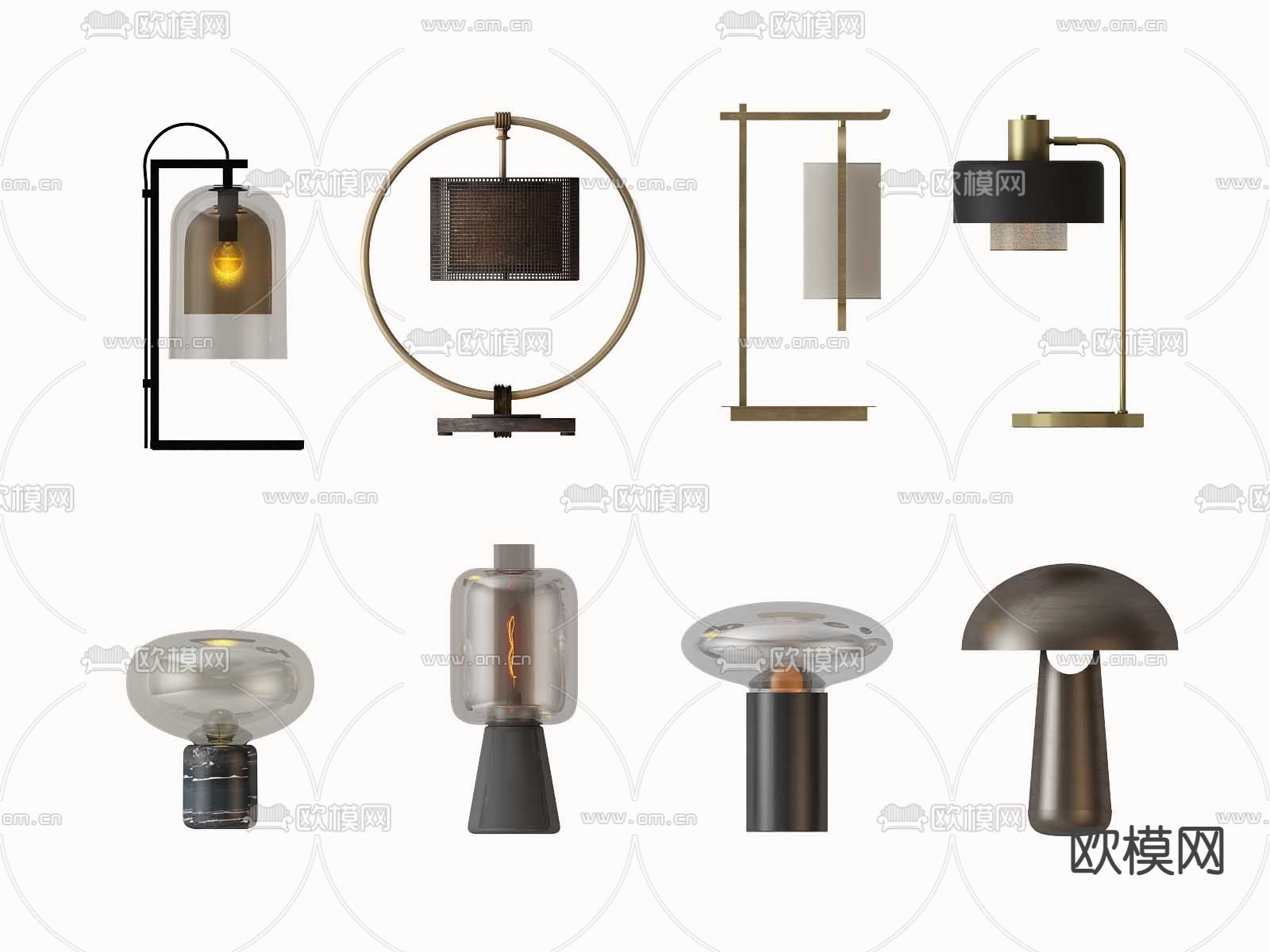 新中式金属玻璃台灯3d模型下载