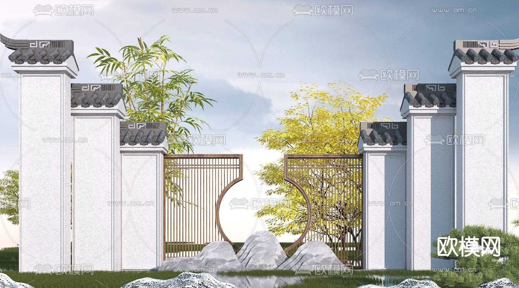 新中式园林景观墙3d模型下载