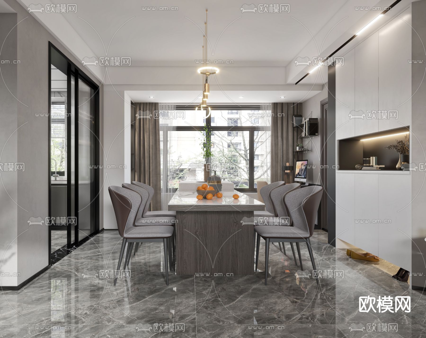 现代高级灰客餐厅3d模型下载（渲染图2）