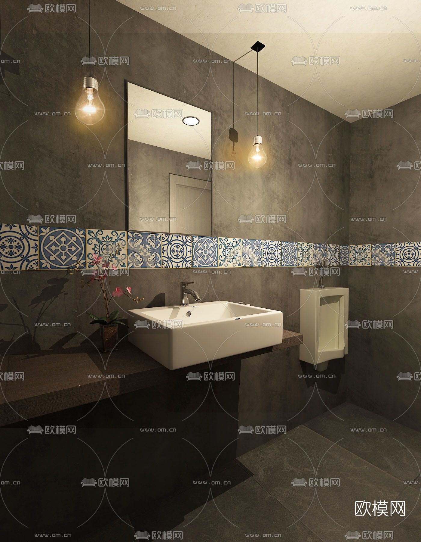 侘寂男性公共卫生间免费3d模型下载（渲染图2）