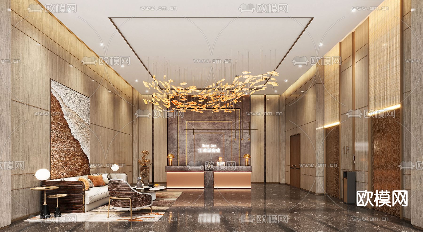 现代轻奢酒店大堂前台3d模型