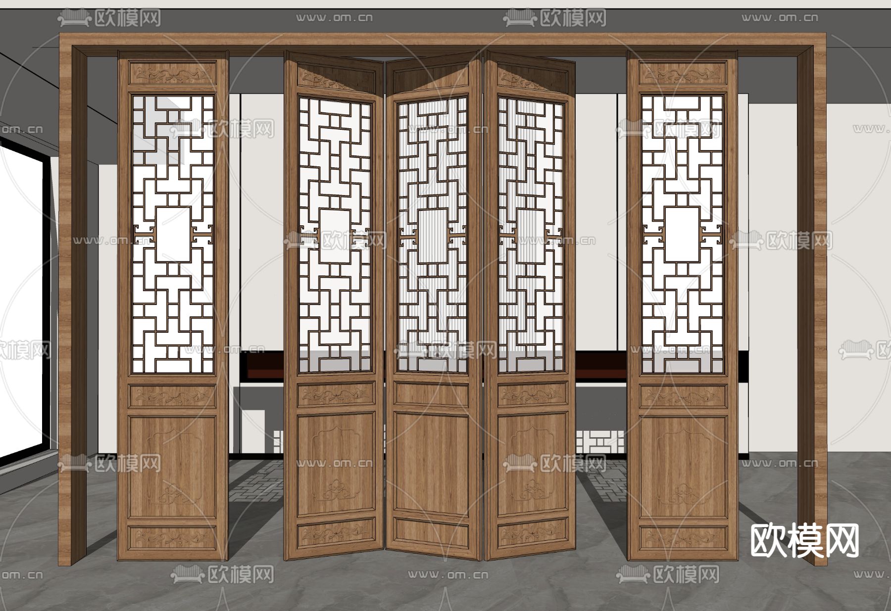 中式雕花门隔断su模型