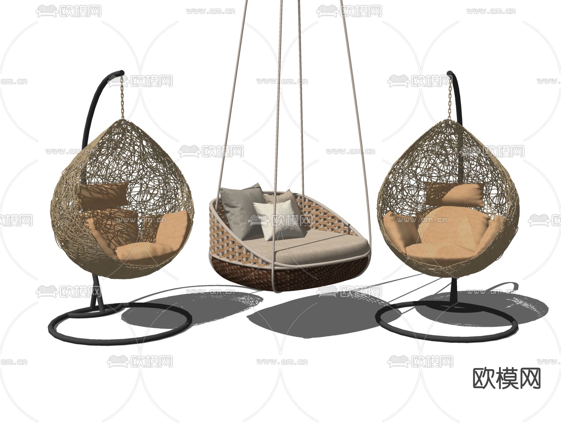 现代藤编吊椅秋千椅吊床su模型下载（渲染图1）