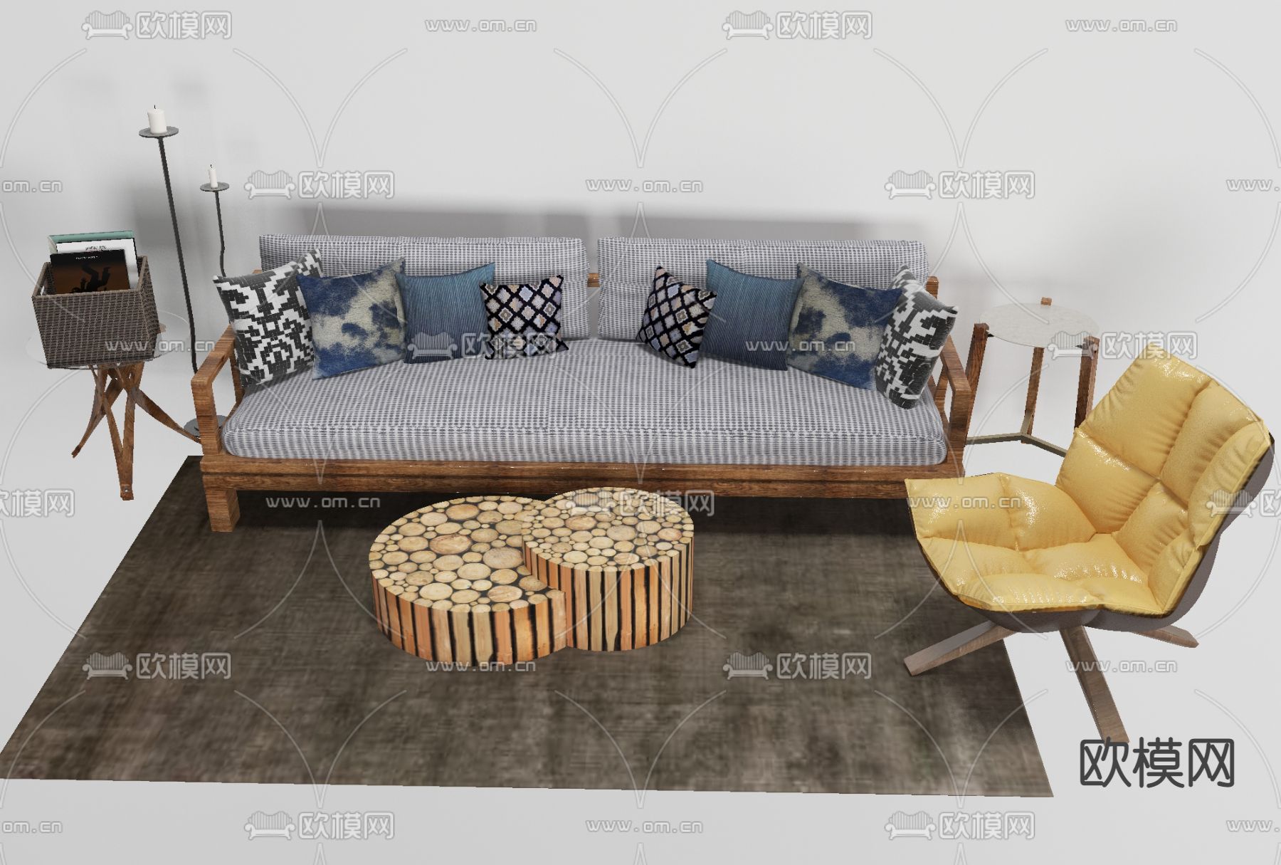 美式布艺组合沙发免费3d模型下载