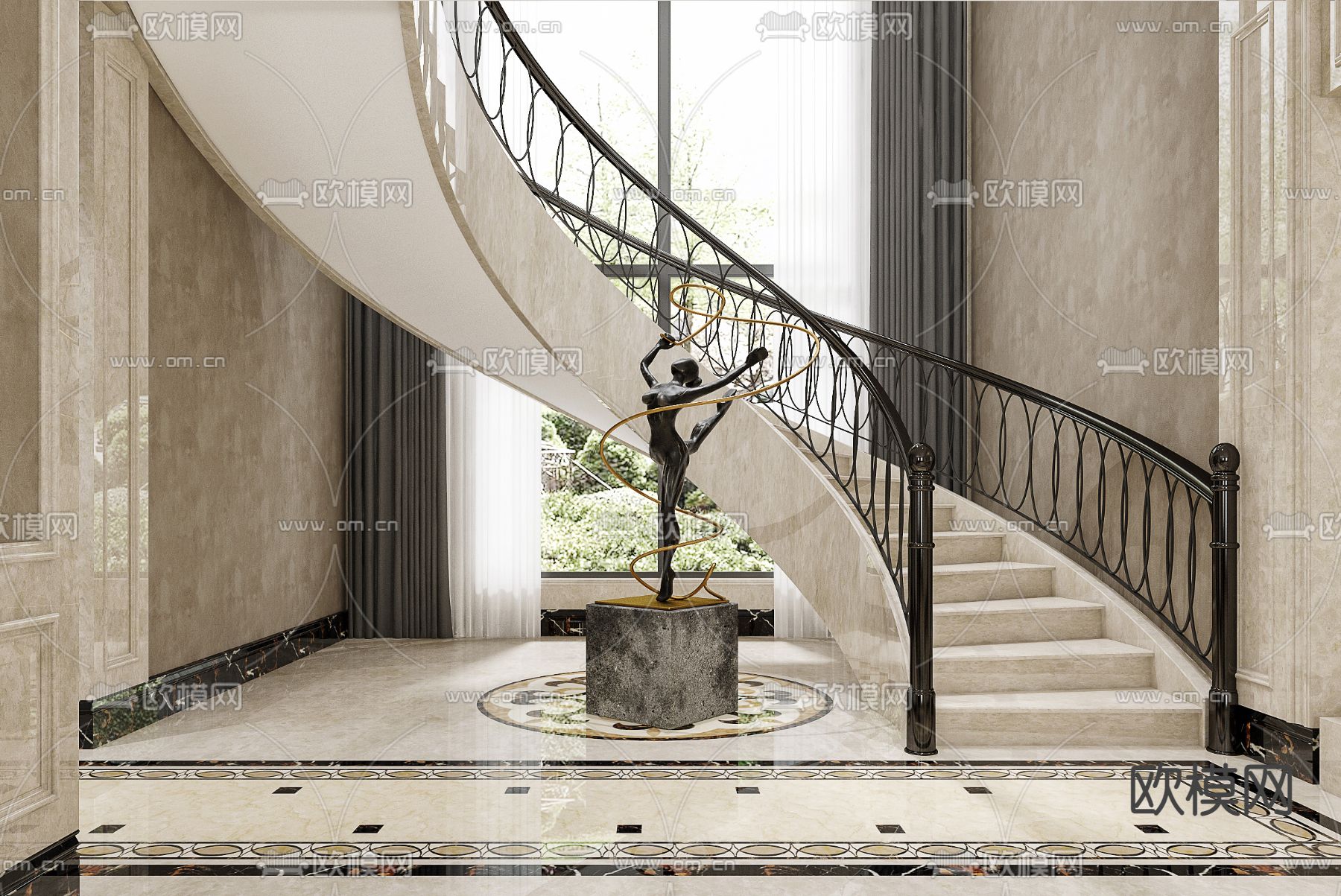 欧式旋转楼梯3d模型下载（渲染图2）