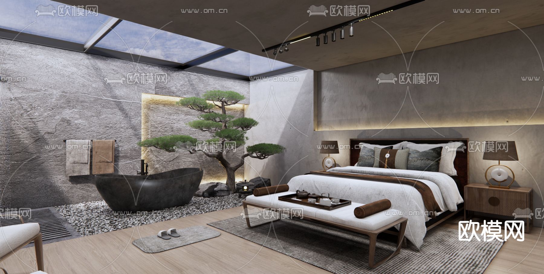 新中式民宿卧室su模型下载（渲染图1）