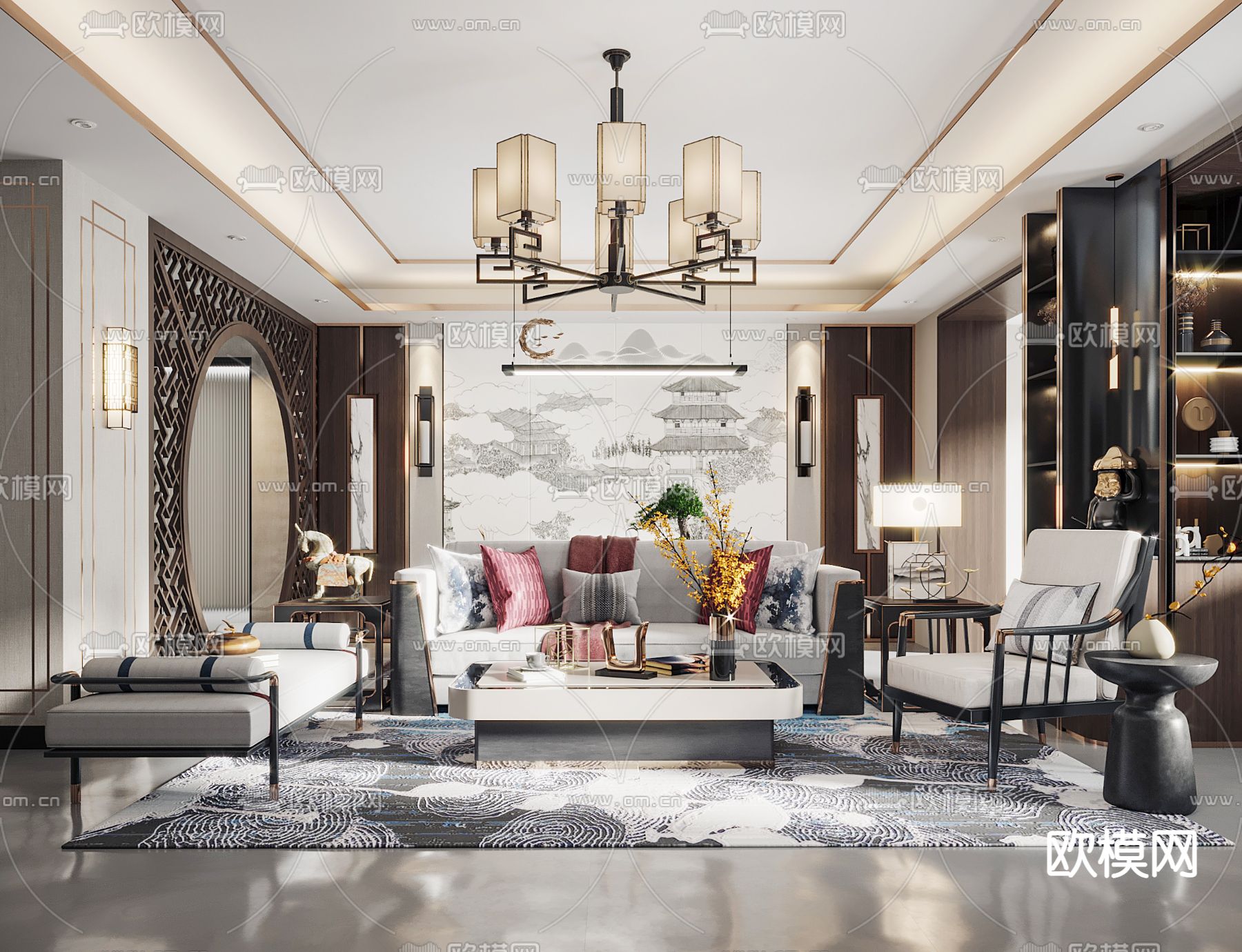 新中式布艺沙发组合3d模型下载