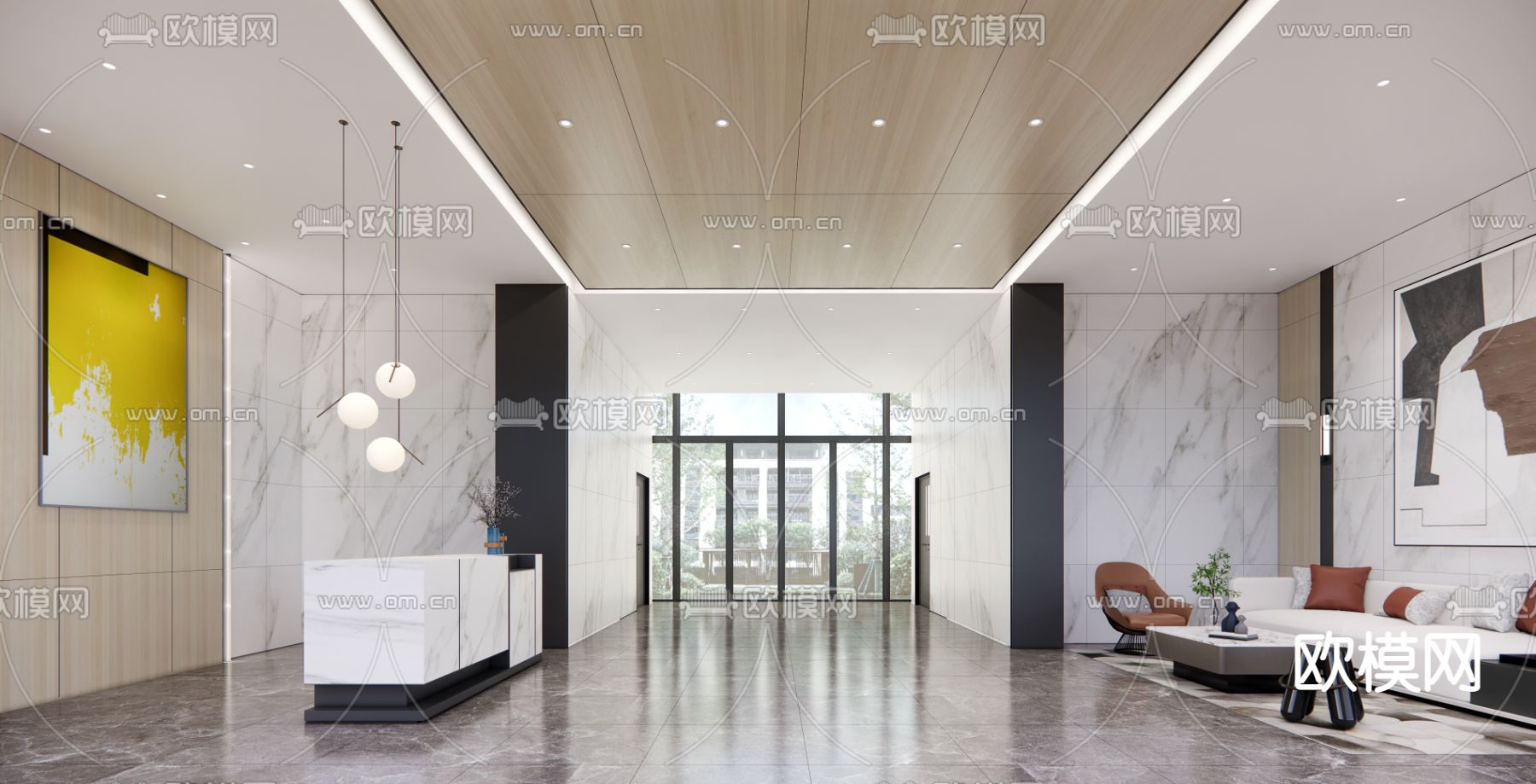 现代酒店大堂前台su模型下载（渲染图1）