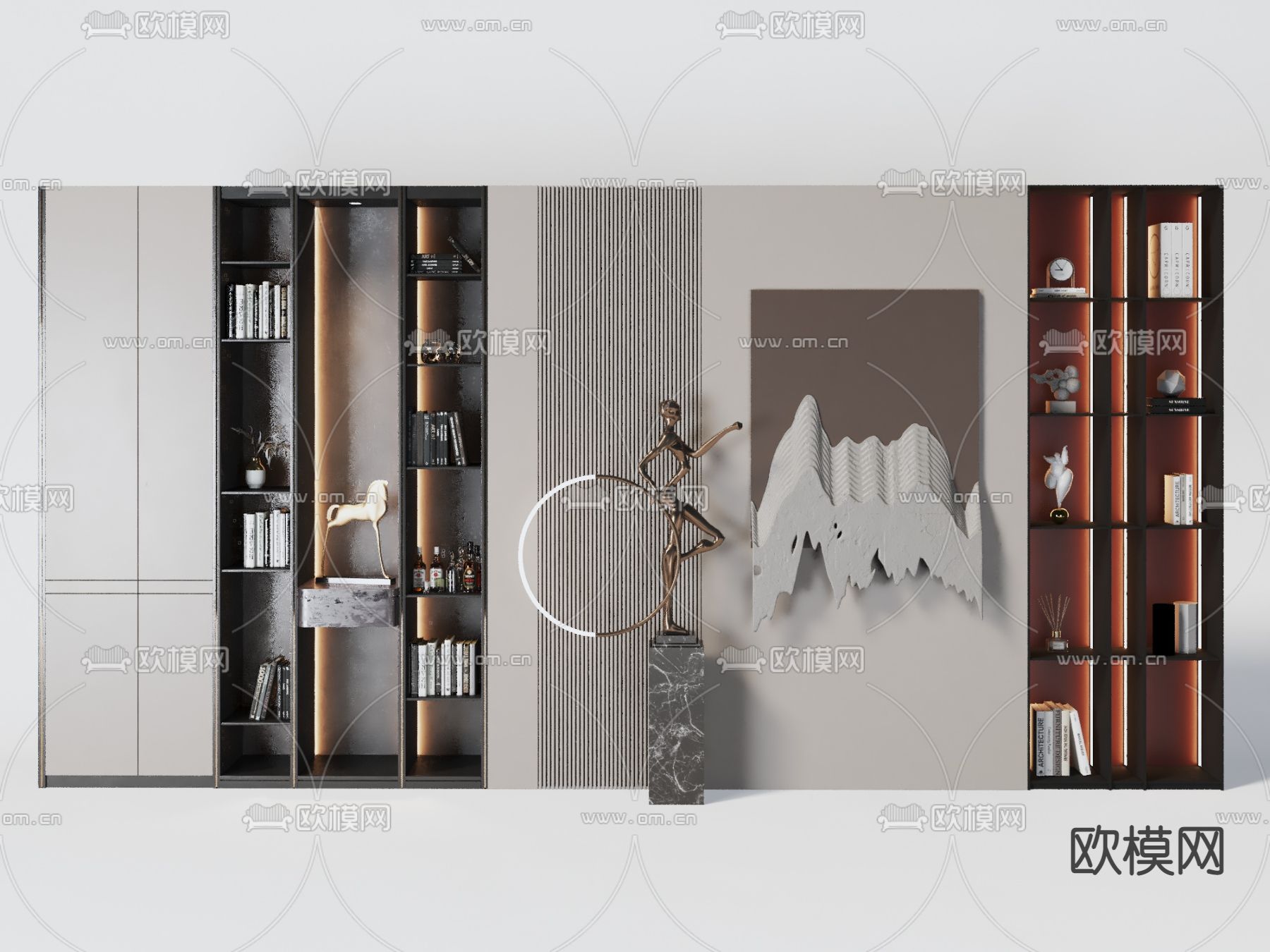现代轻奢书柜su模型下载（渲染图1）
