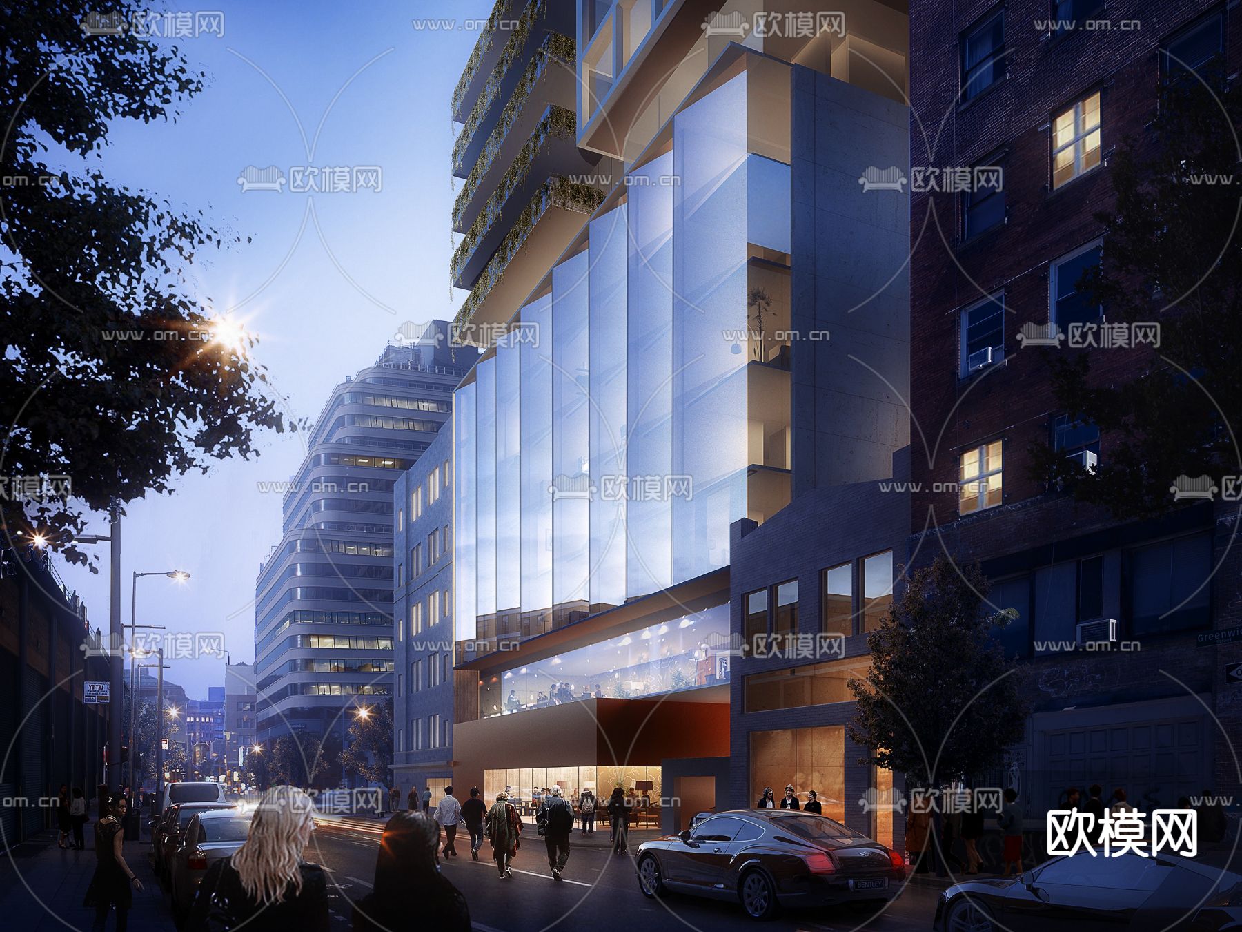 现代高层写字楼外观夜景3d模型下载