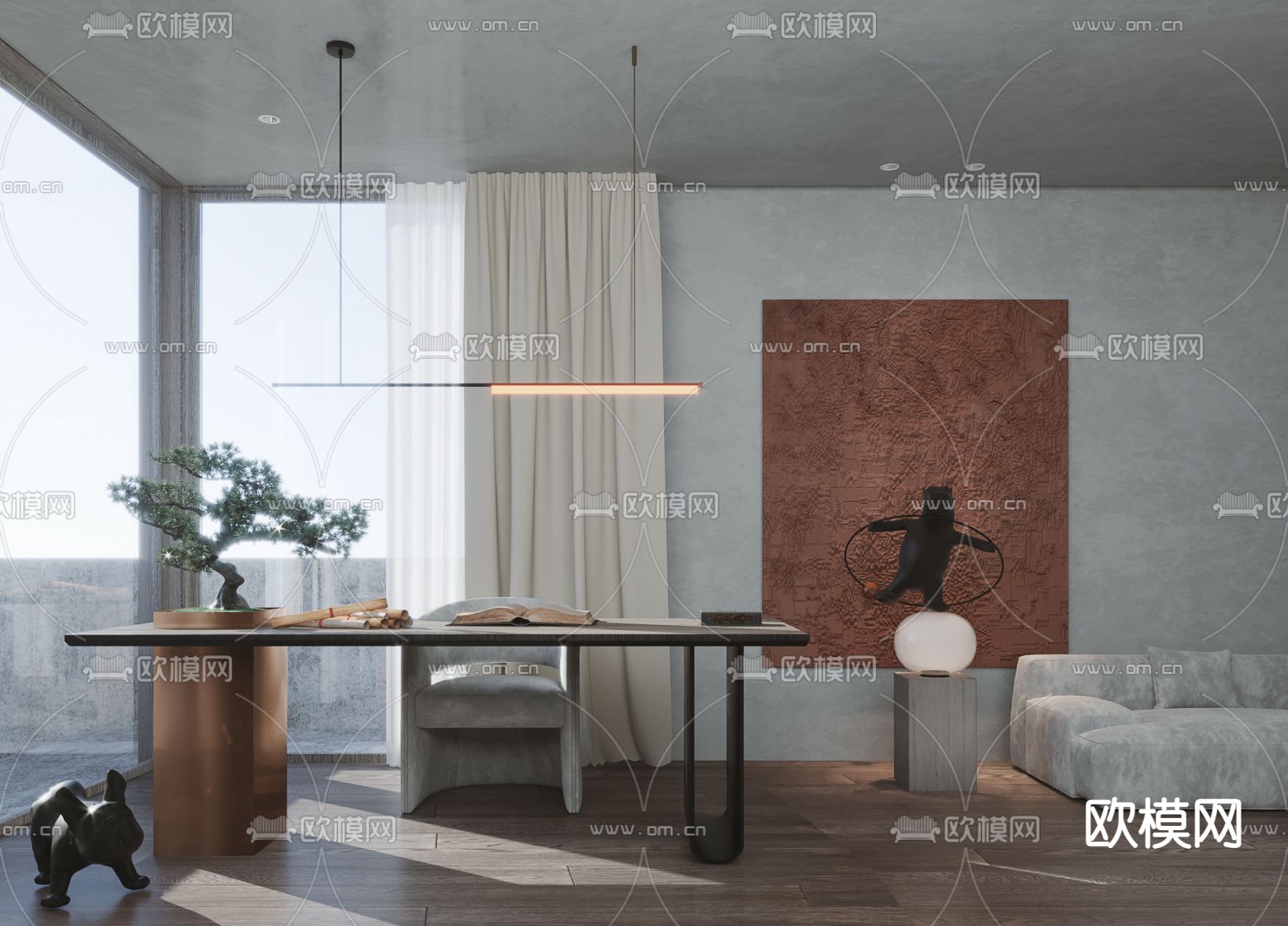 侘寂风轻奢书桌椅3d模型