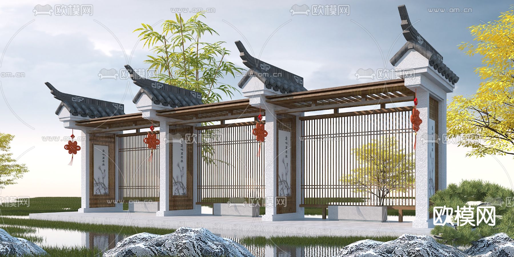 中式廊架小品3d模型下载