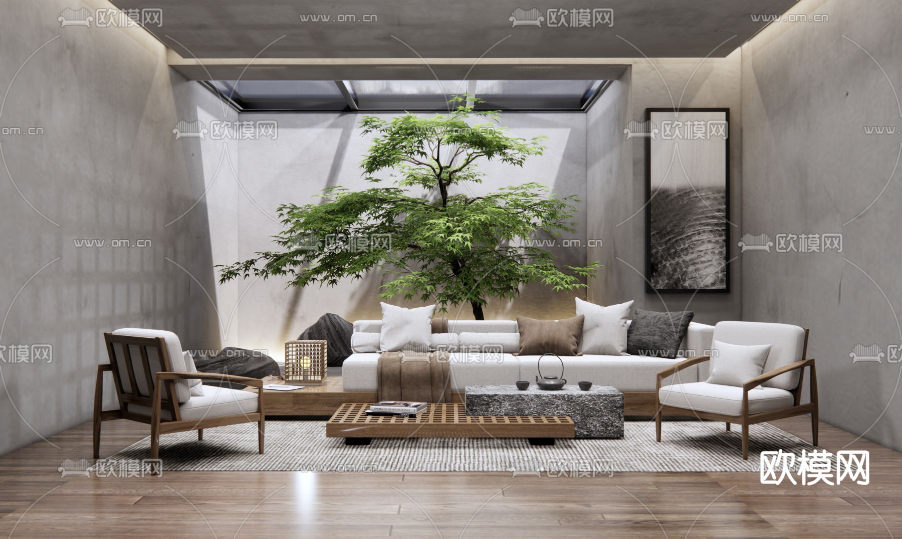 新中式客厅su模型下载（渲染图1）