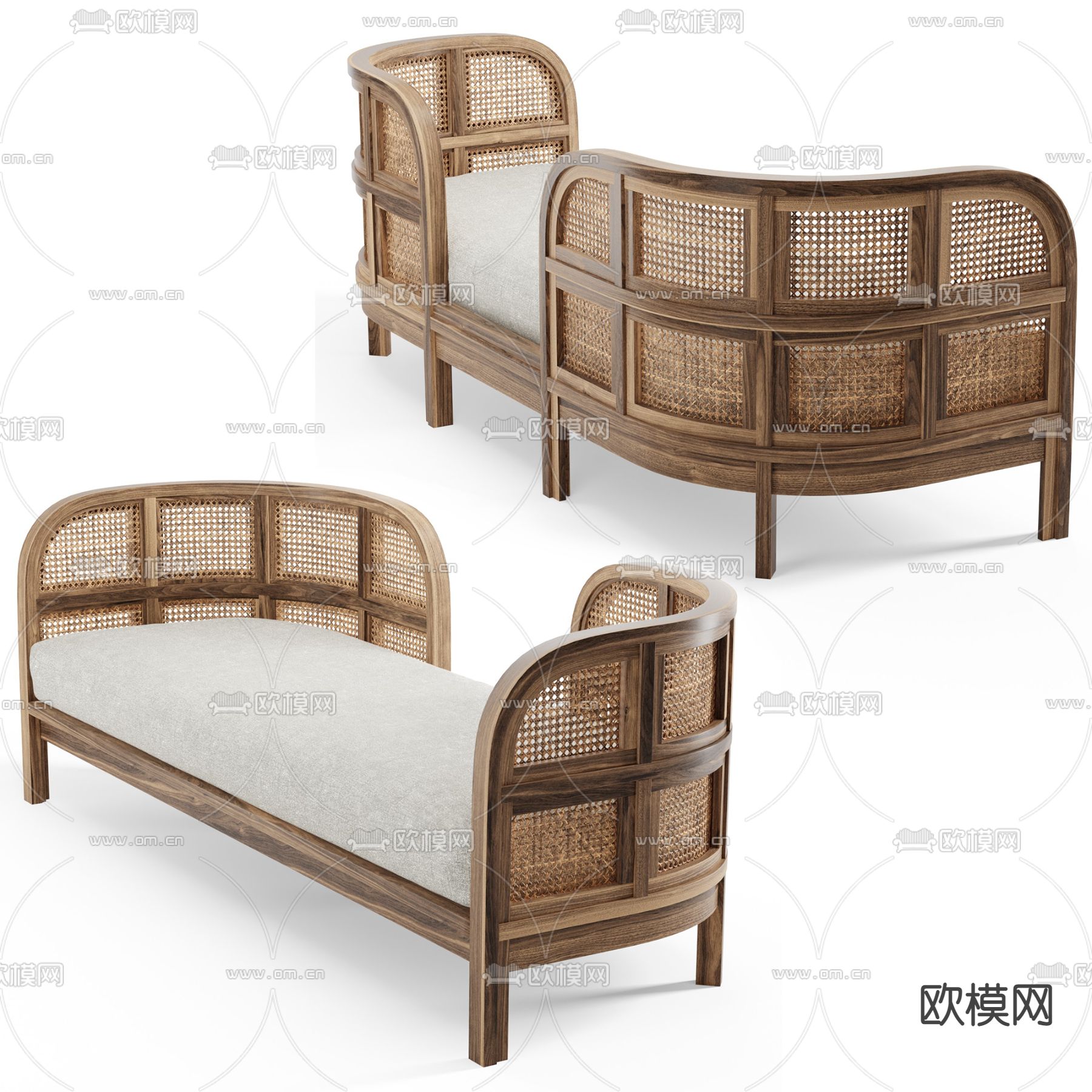 侘寂风编织多人沙发3d模型下载（渲染图2）