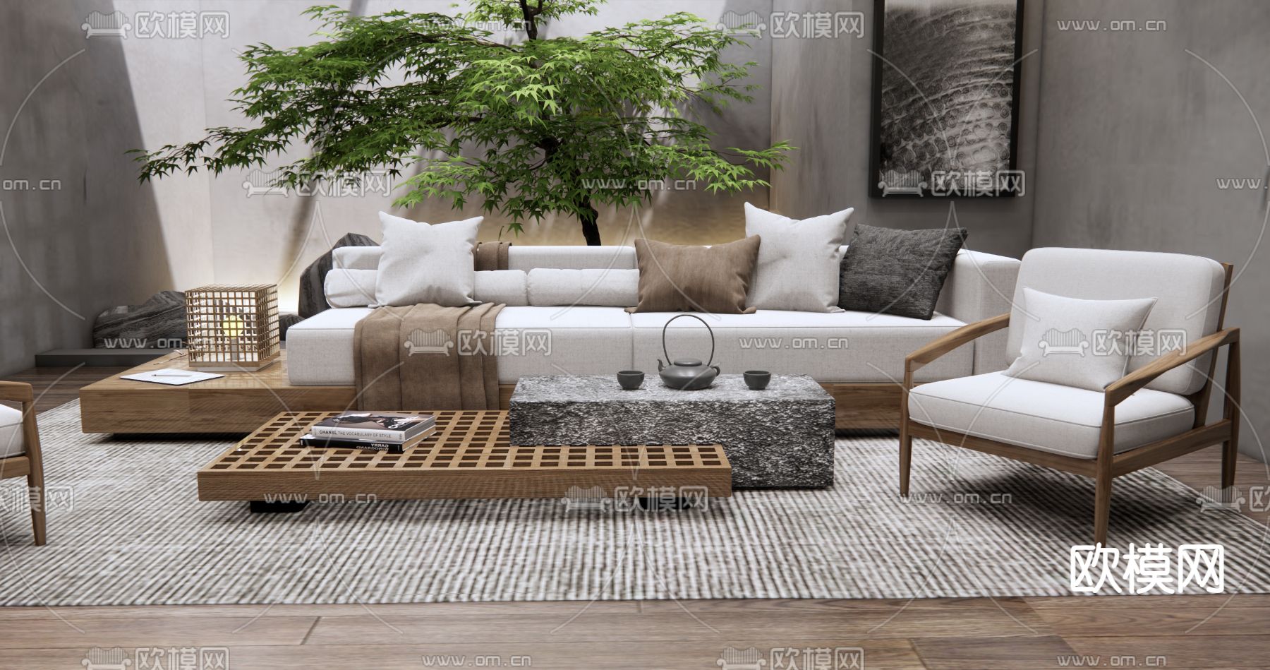 新中式客厅su模型下载（渲染图3）