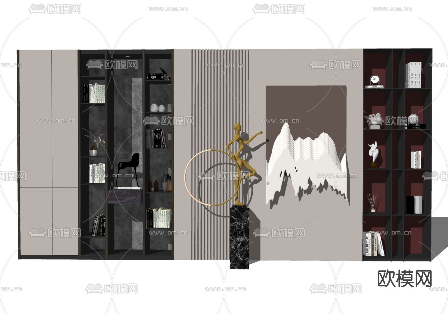 现代轻奢书柜su模型下载（渲染图2）