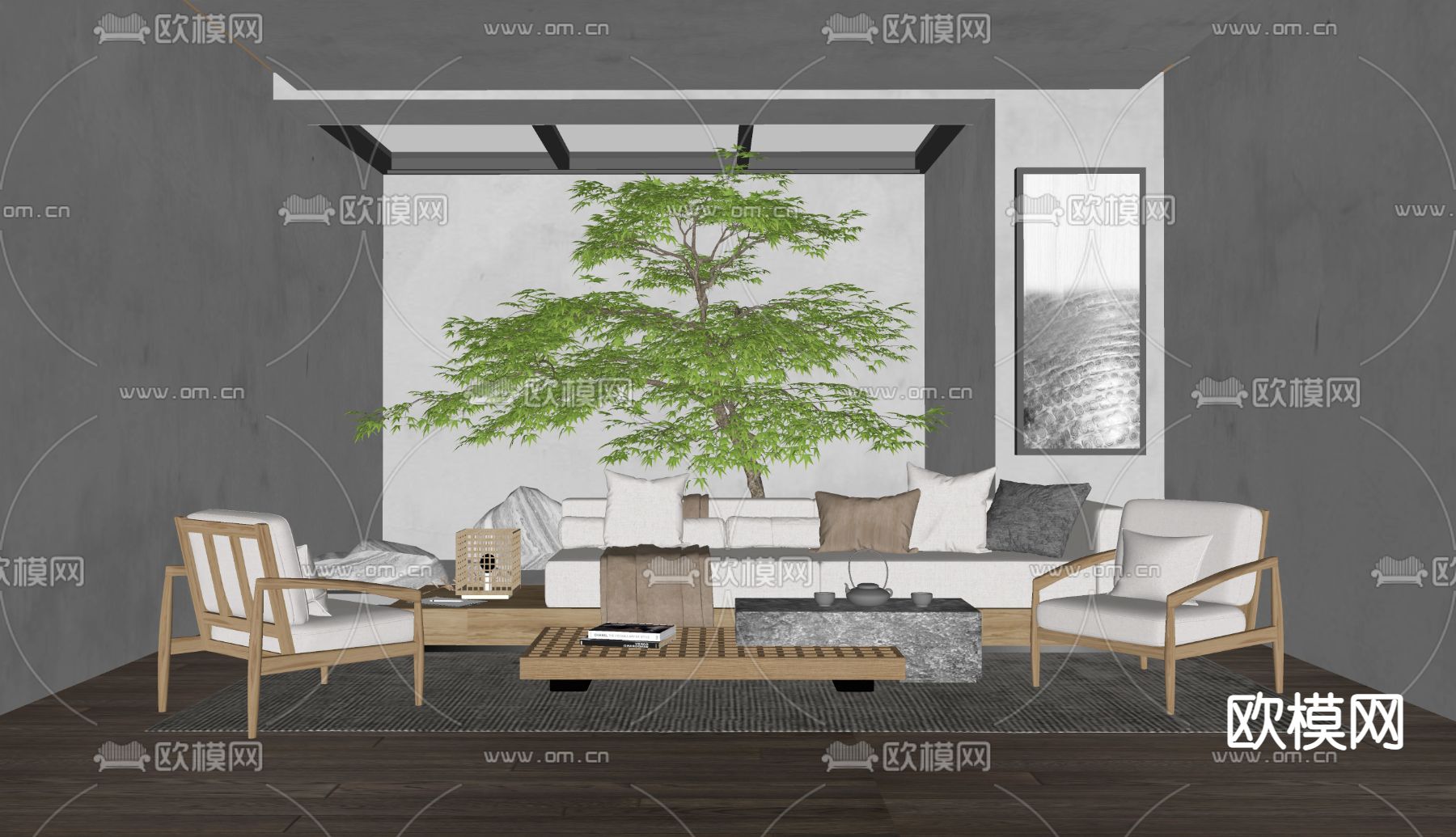 新中式客厅su模型下载（渲染图2）