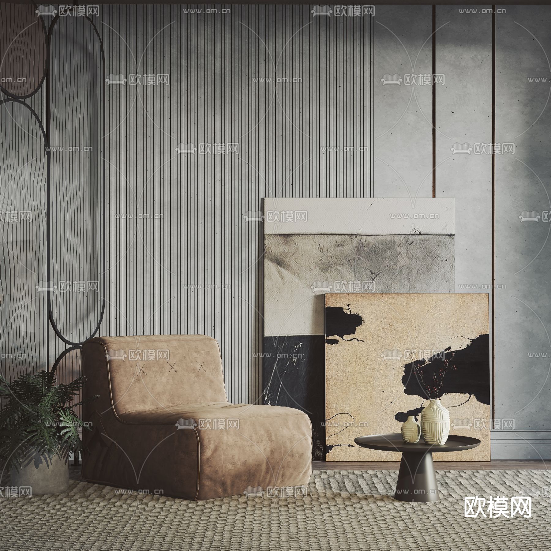 侘寂风布艺休闲沙发3d模型下载