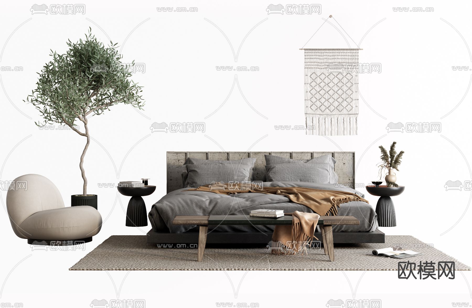 侘寂风沙发双人床3d模型下载