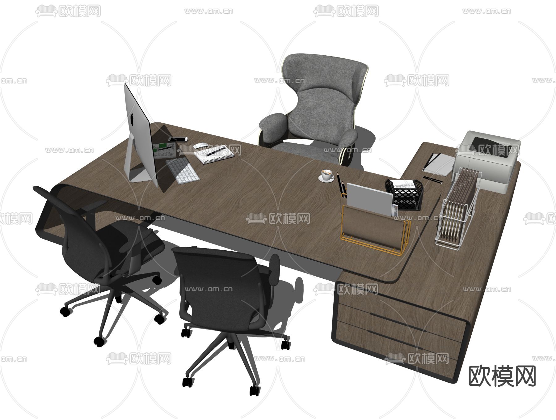 现代实木办公桌椅su模型下载（渲染图2）