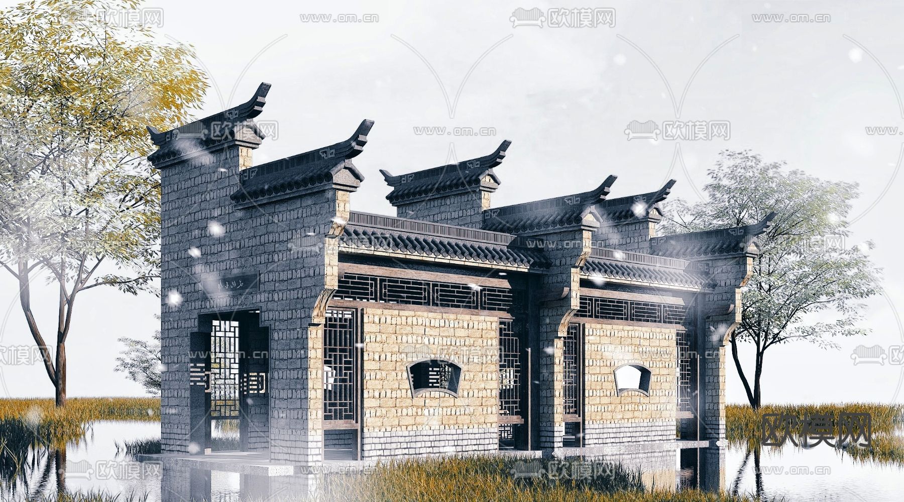 中式休闲长廊3d模型下载