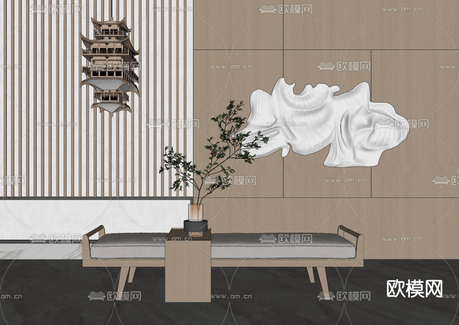 新中式布艺床尾踏凳su模型下载（渲染图2）