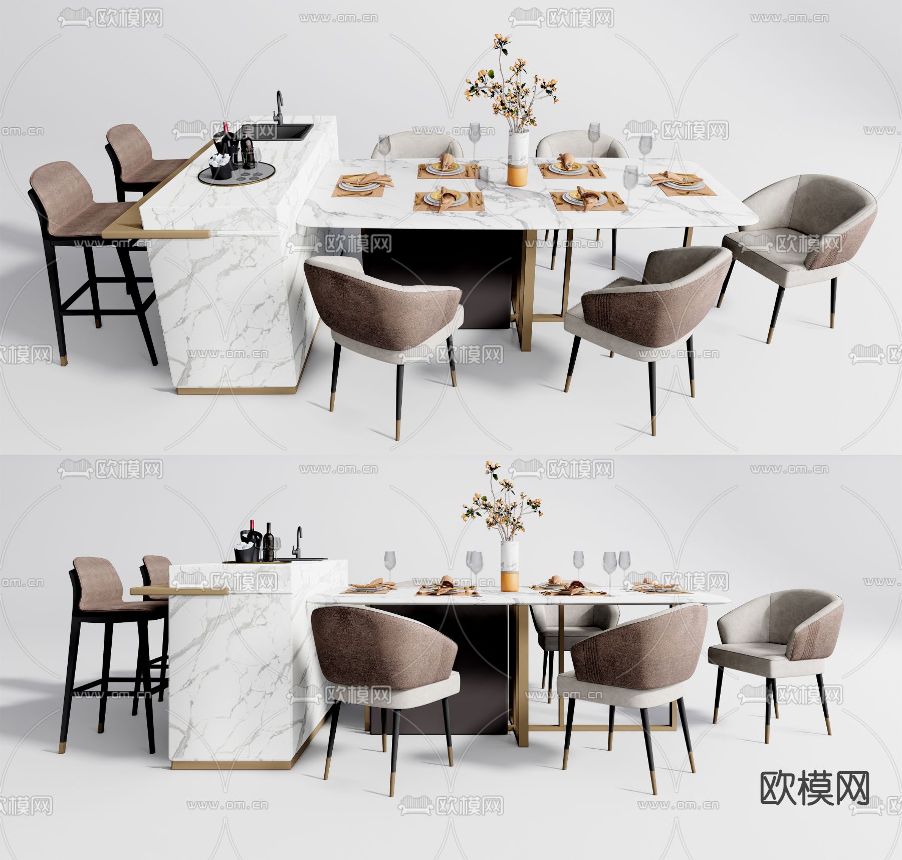 现代大理石餐桌椅su模型下载（渲染图1）