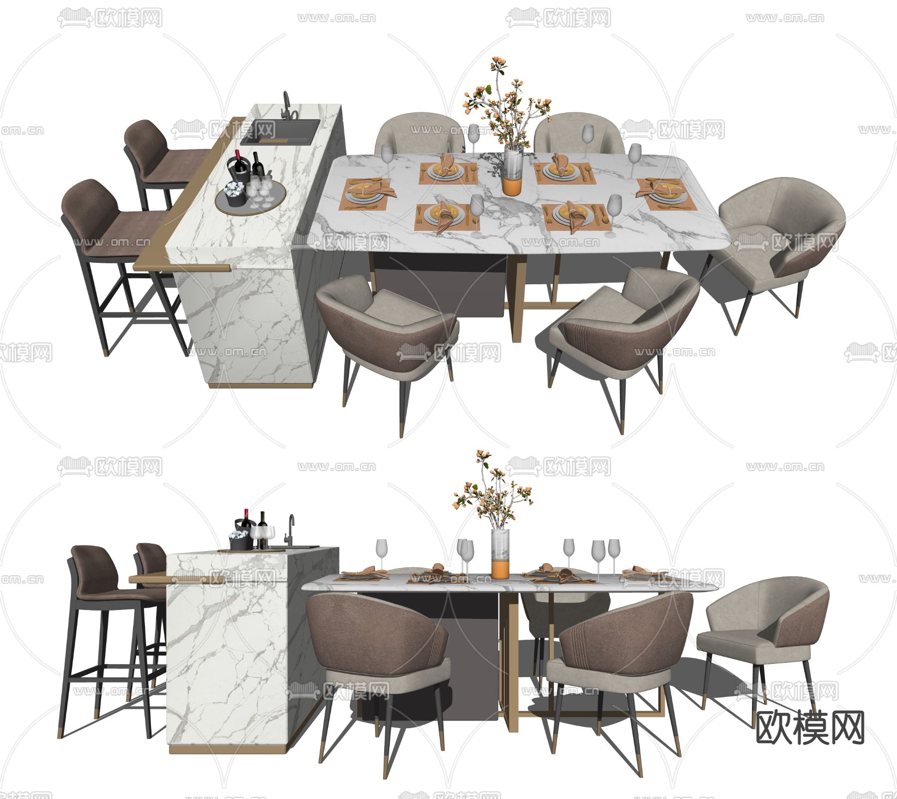 现代大理石餐桌椅su模型下载（渲染图2）
