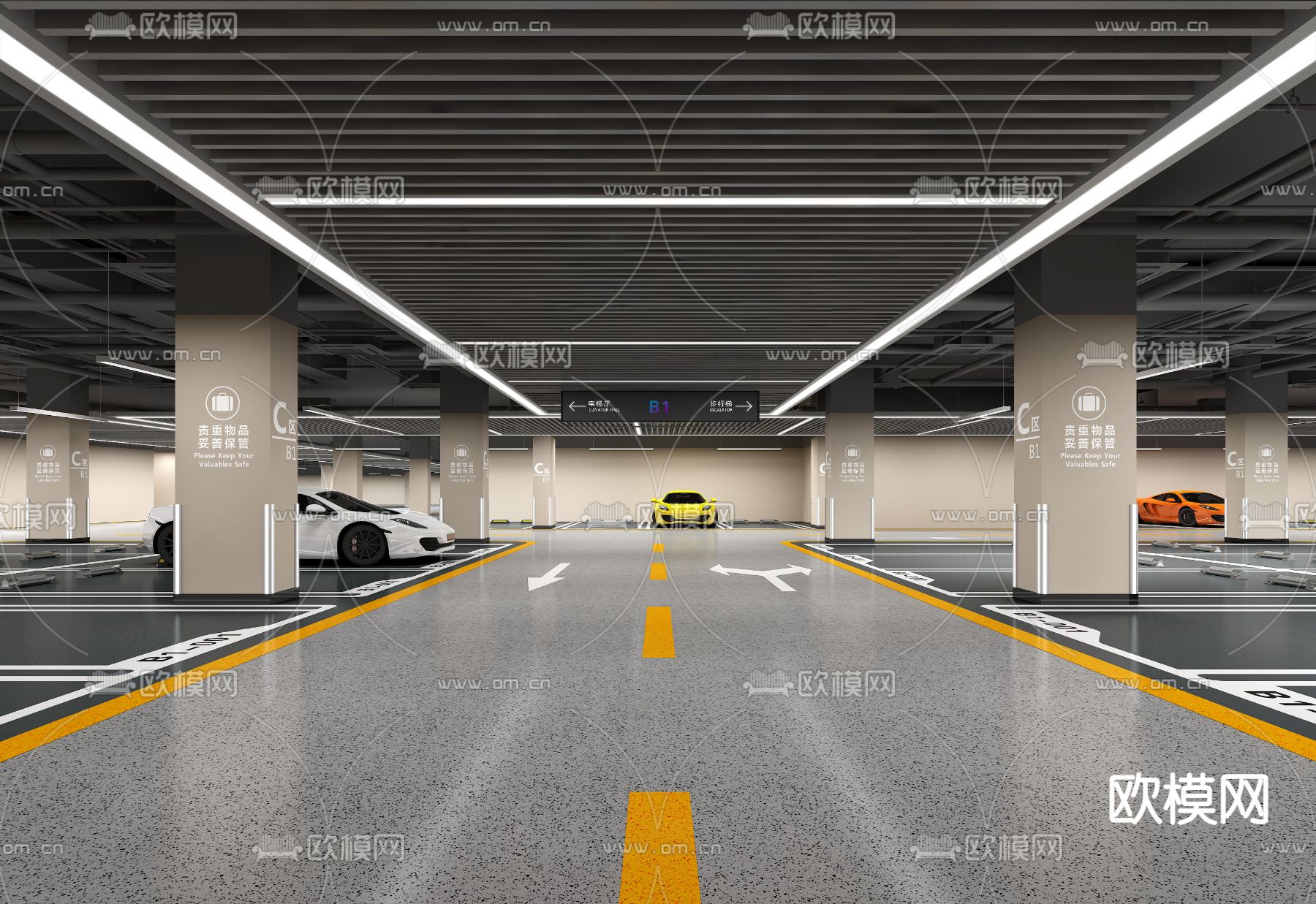 现代地下停车场3d模型下载