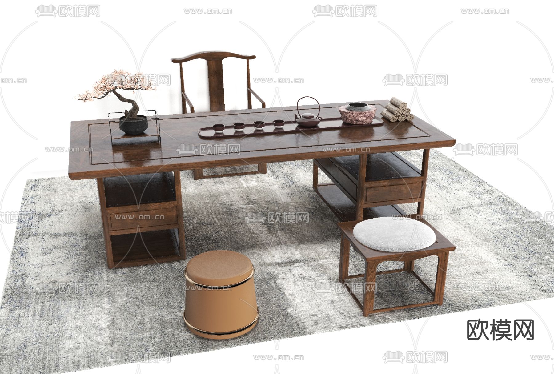 新中式实木书桌椅免费3d模型下载