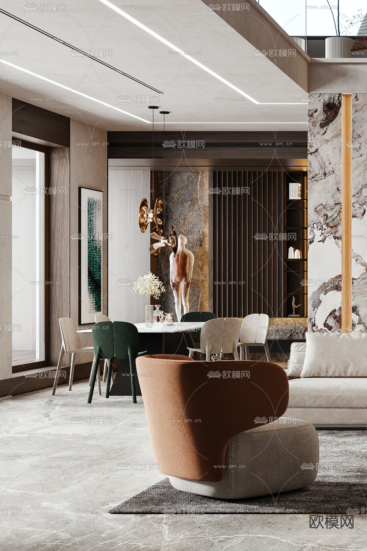 后现代轻奢别墅客餐厅3d模型