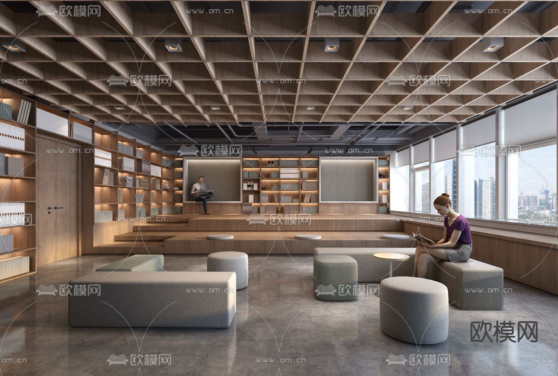 现代图书馆阅读室3d模型下载