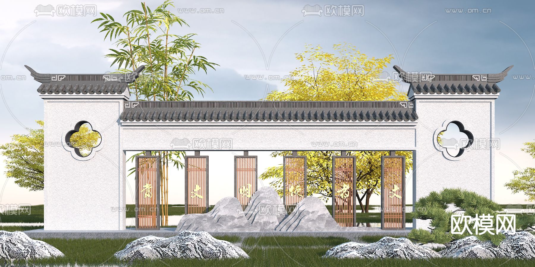 中式园林景观墙小品3d模型下载