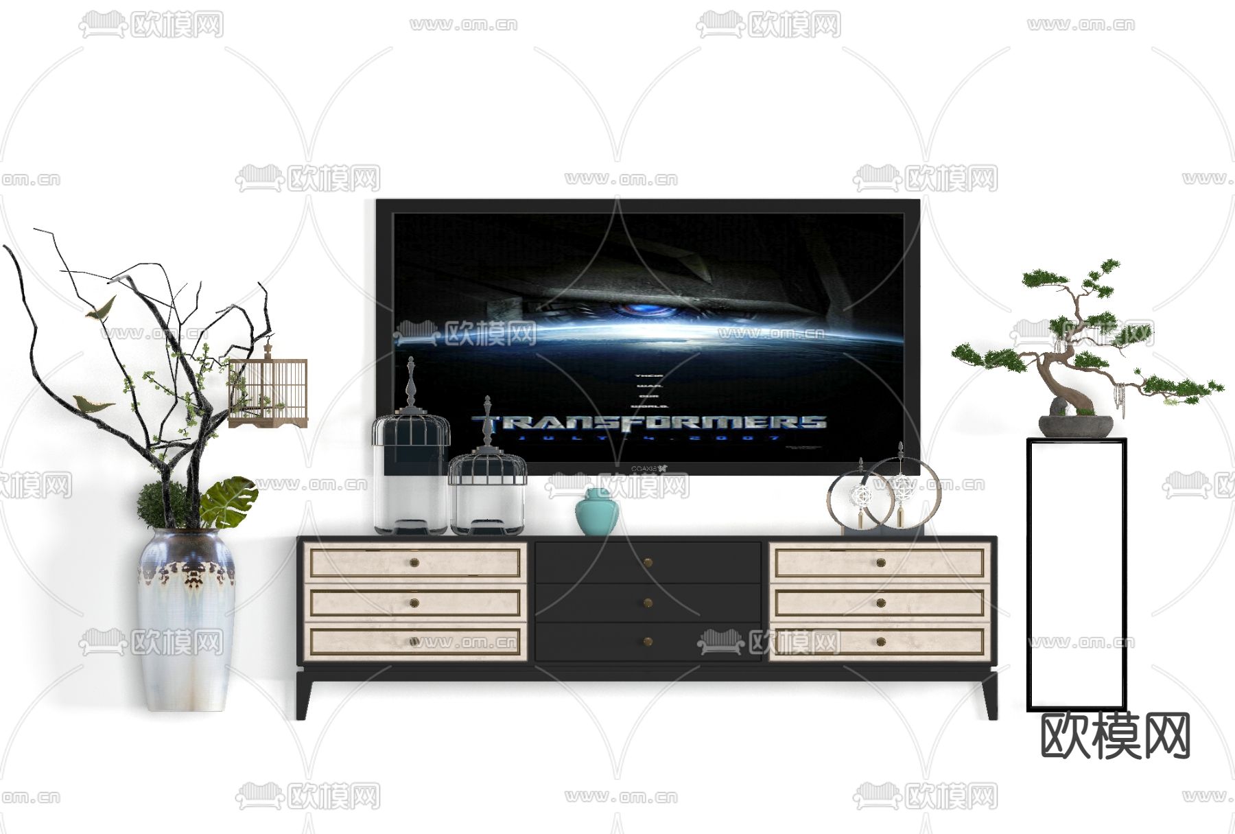 新中式轻奢电视柜免费3d模型下载