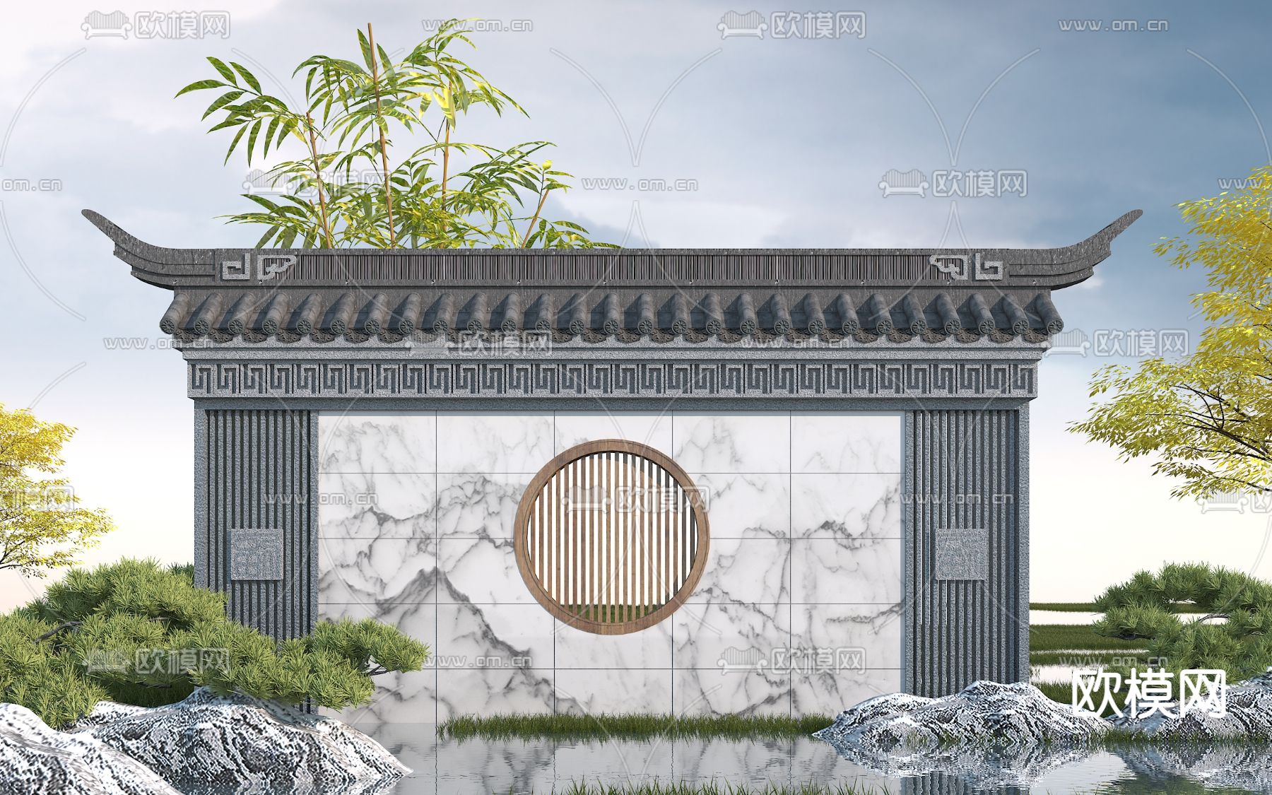中式影壁墙景观墙3d模型