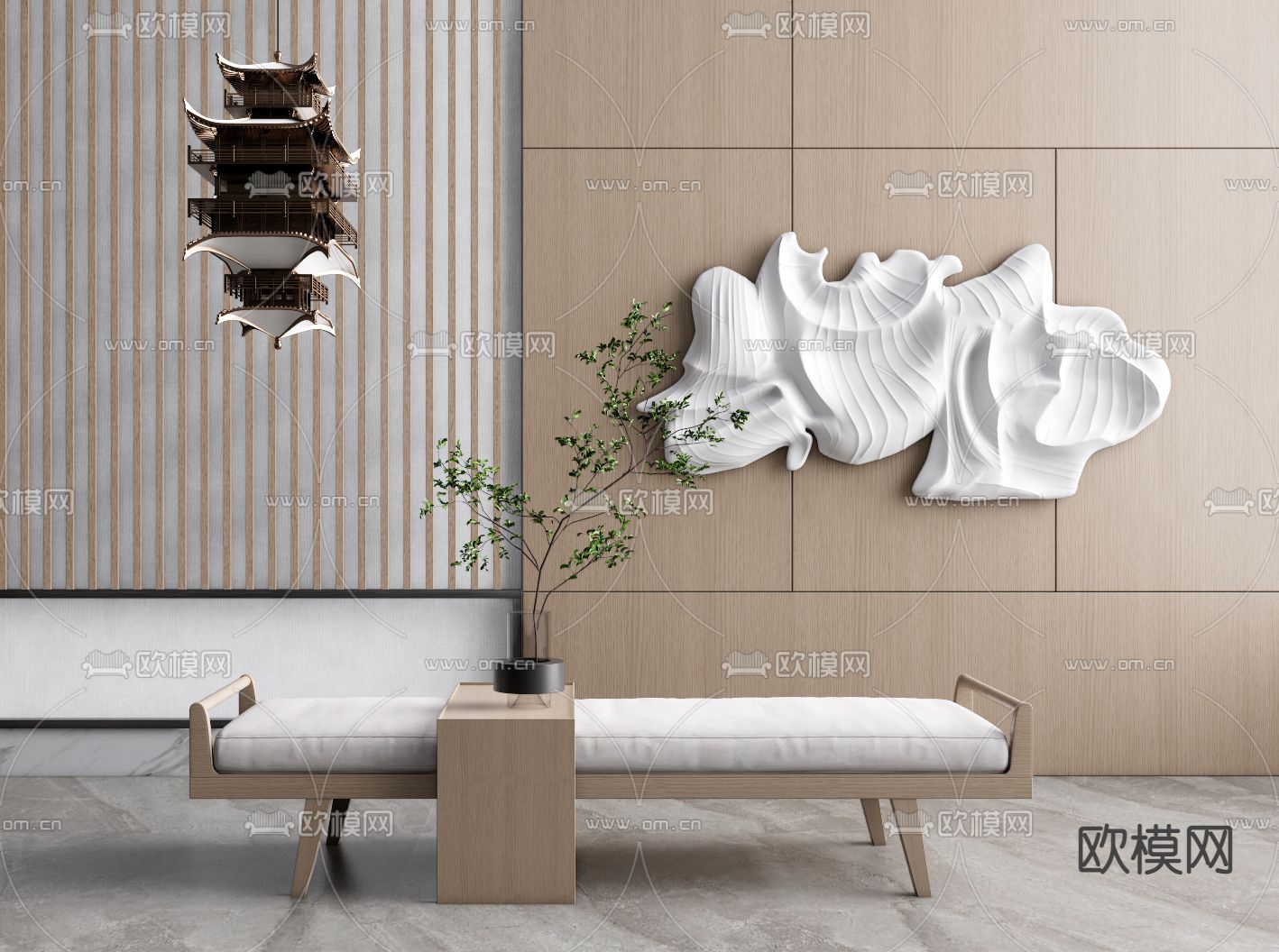 新中式布艺床尾踏凳su模型下载（渲染图1）