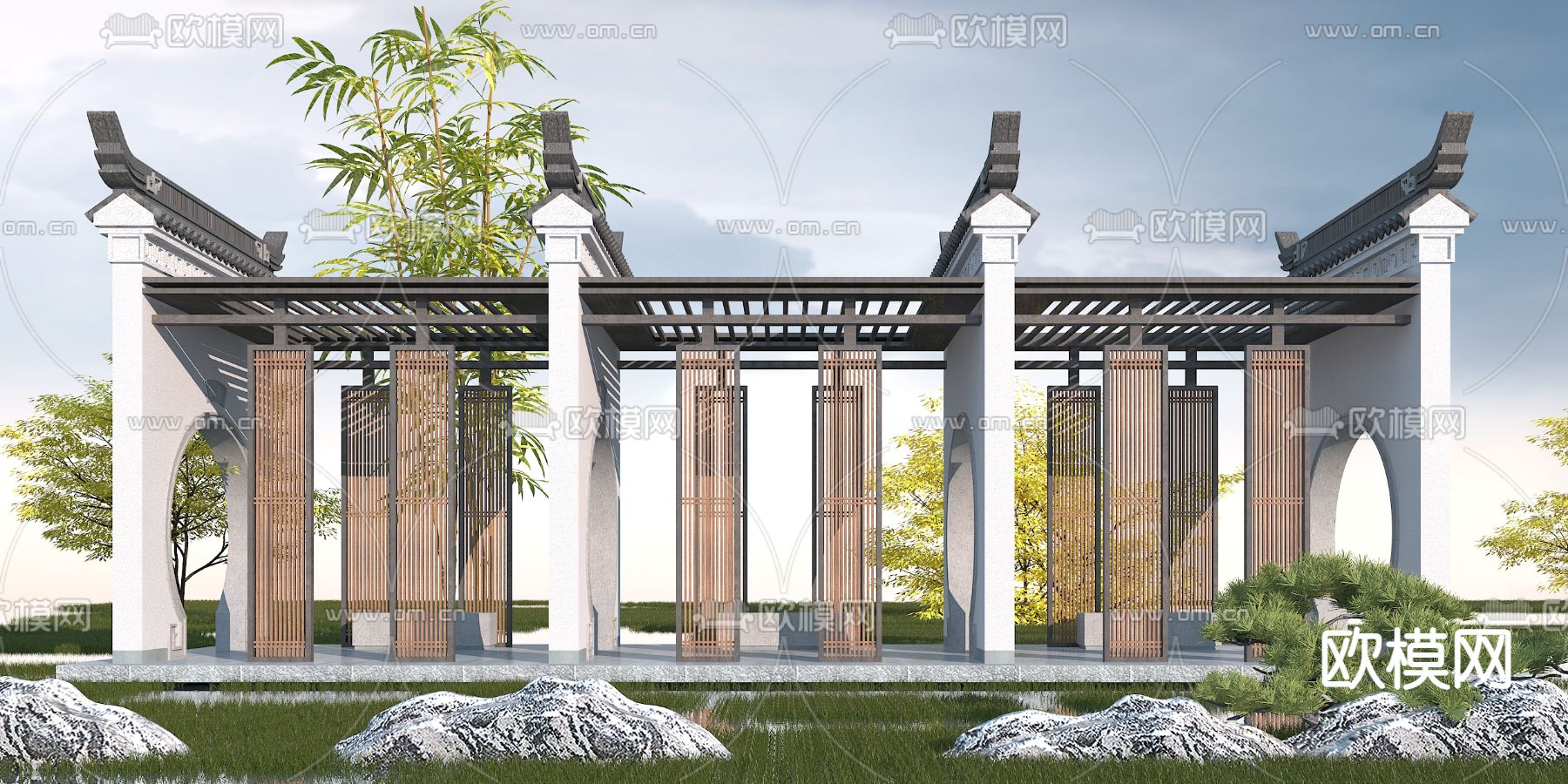 新中式长廊廊架景观小品3d模型下载