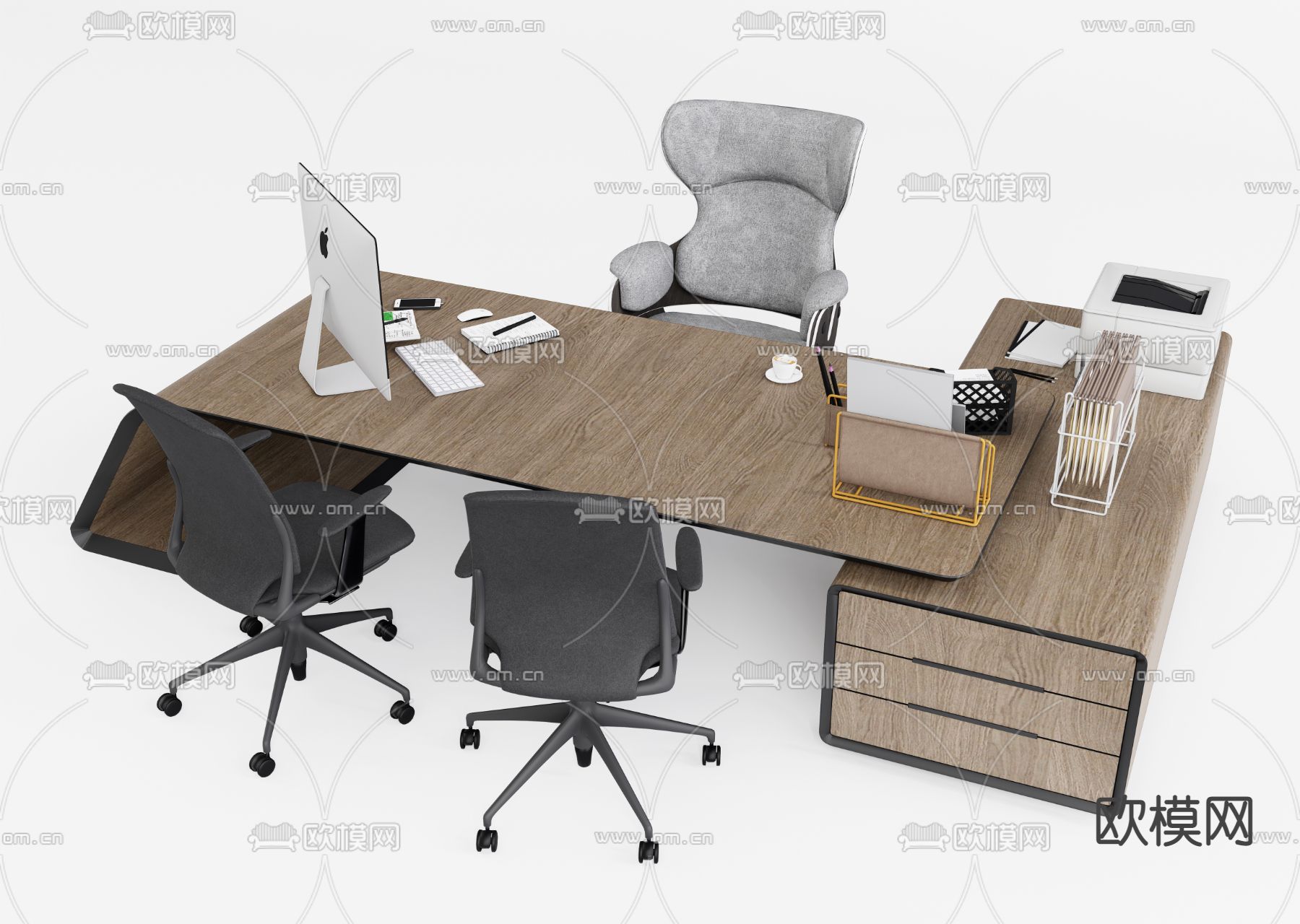 现代实木办公桌椅su模型下载（渲染图1）