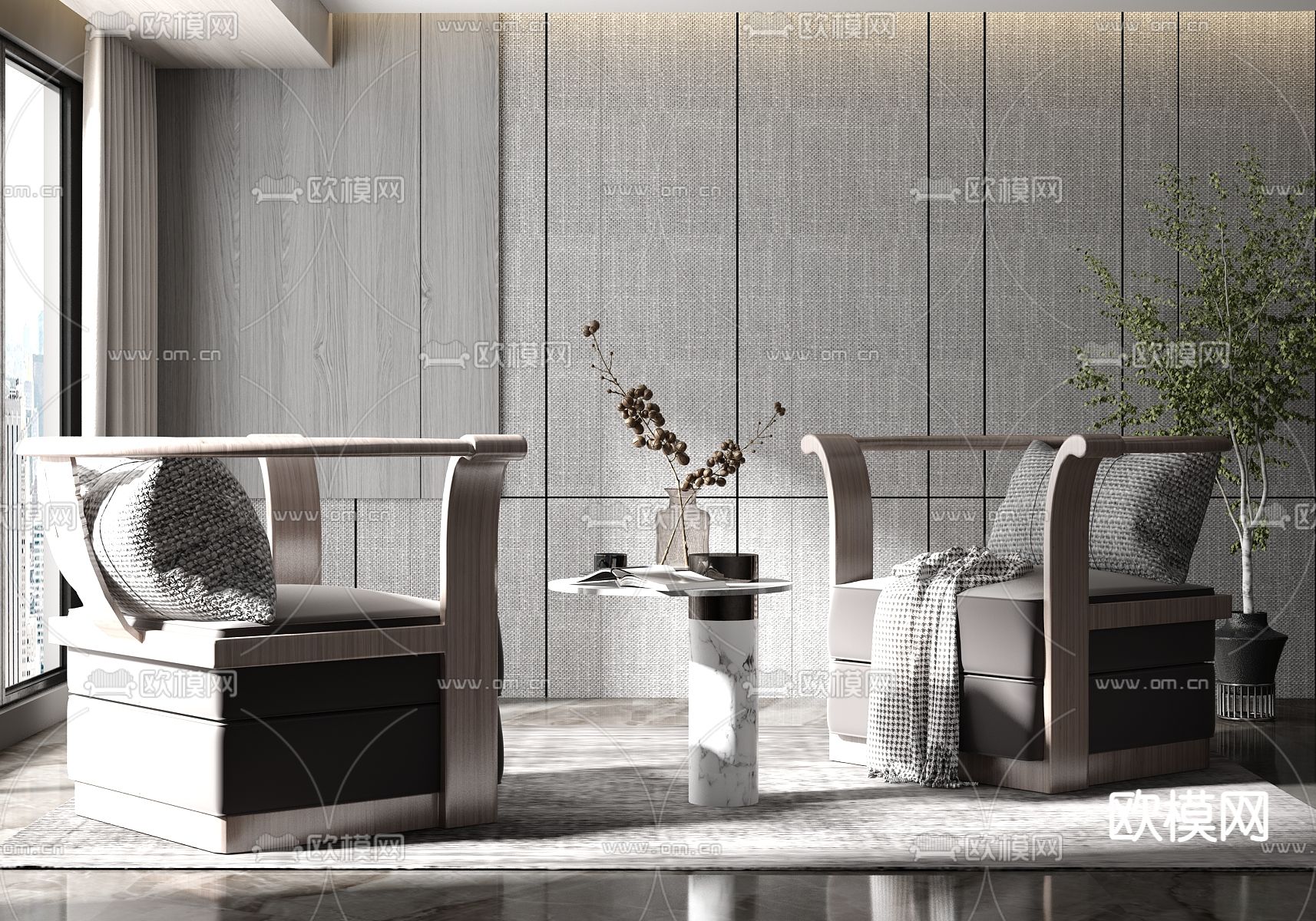 新中式布艺休闲沙发3d模型下载