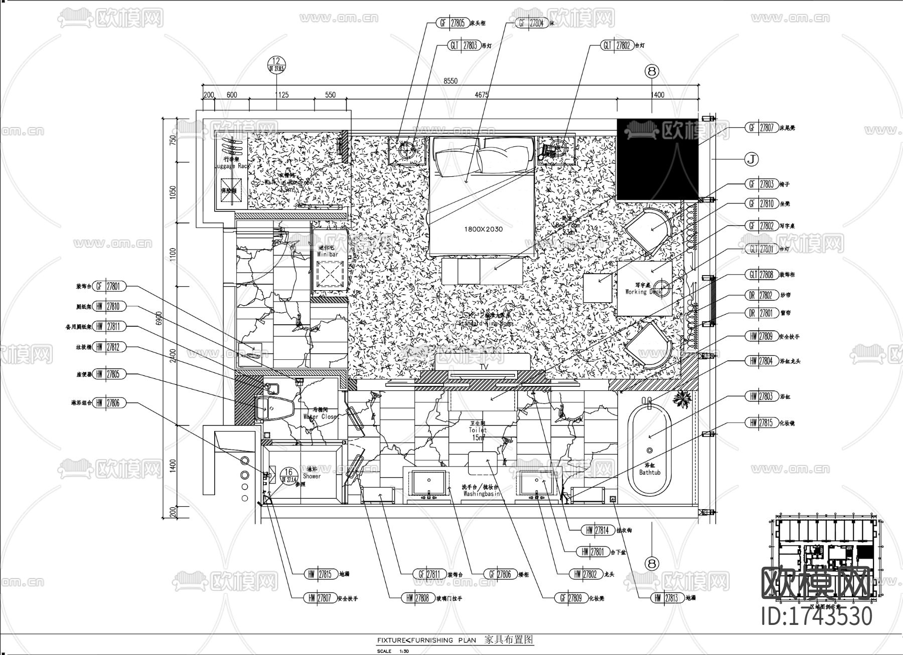 酒店客房cad施工图下载（渲染图1）