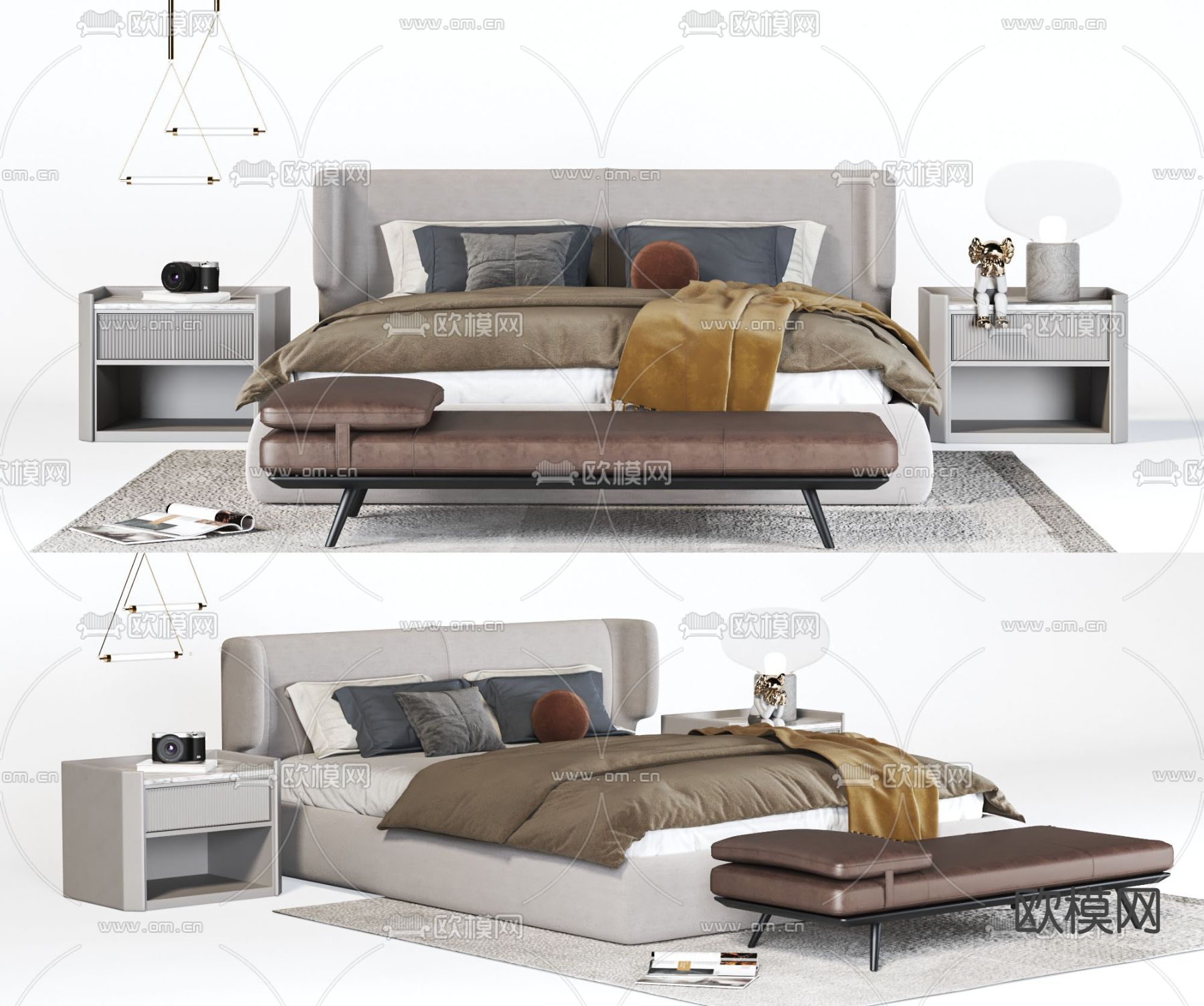 现代布艺双人床3d模型下载