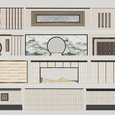 新中式围墙景墙su模型