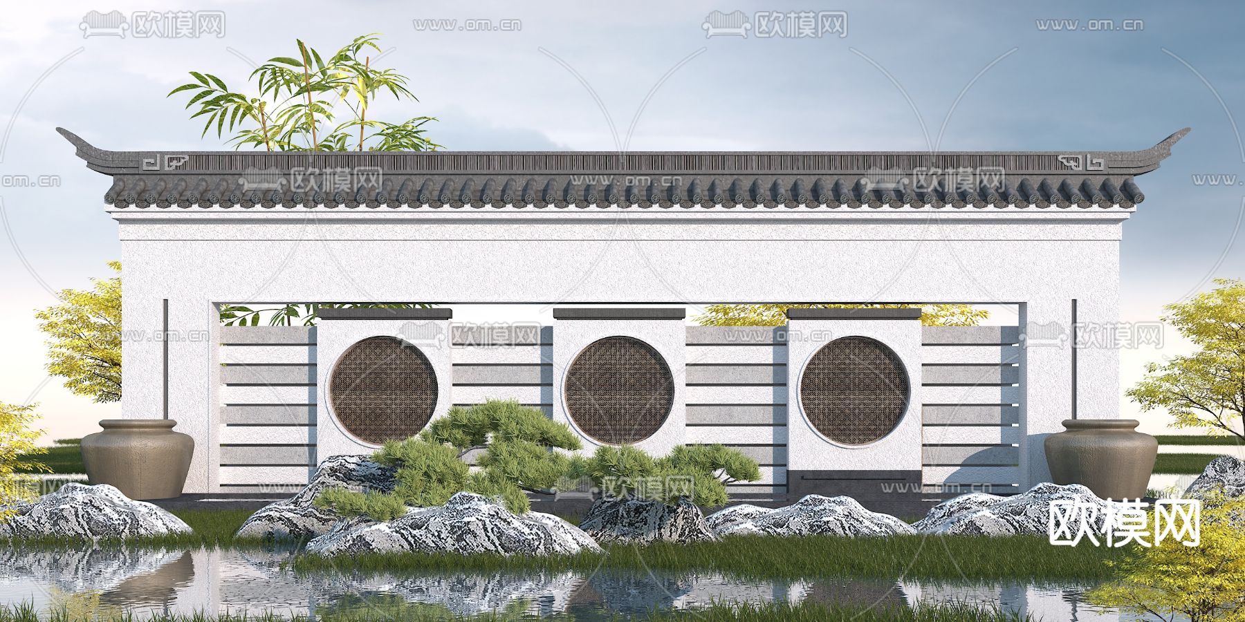 中式园林景观墙小品3d模型下载