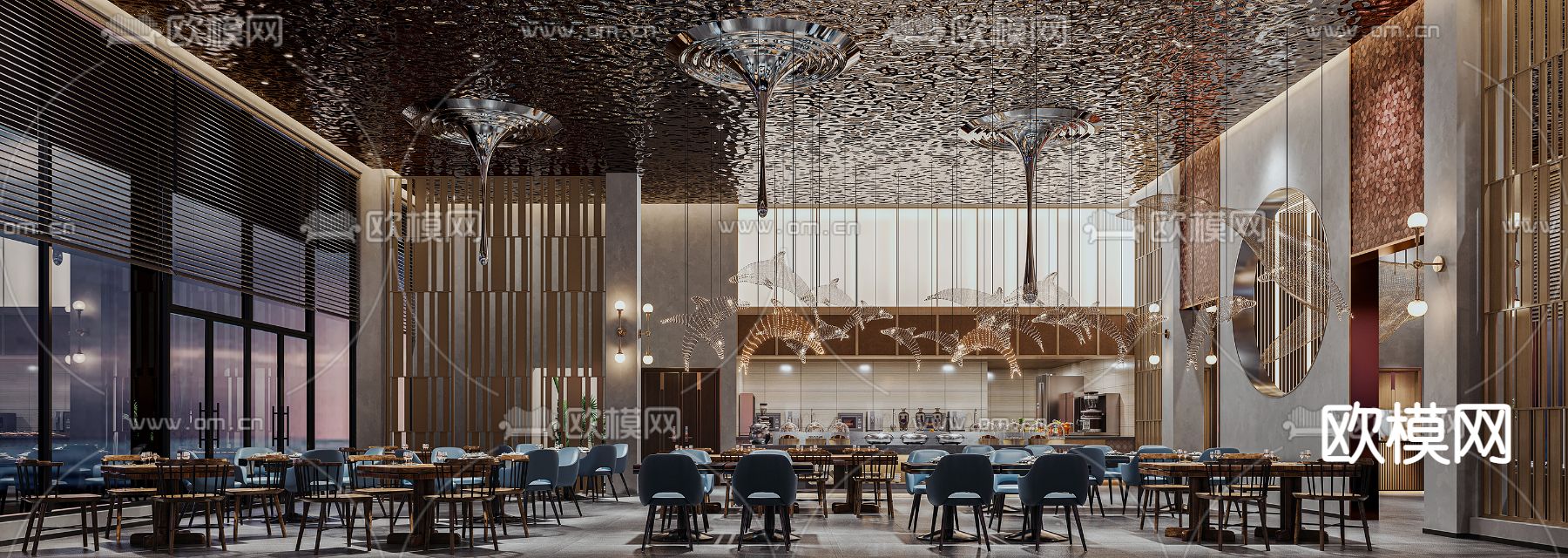 现代轻奢酒店自助餐厅3d模型下载（渲染图2）