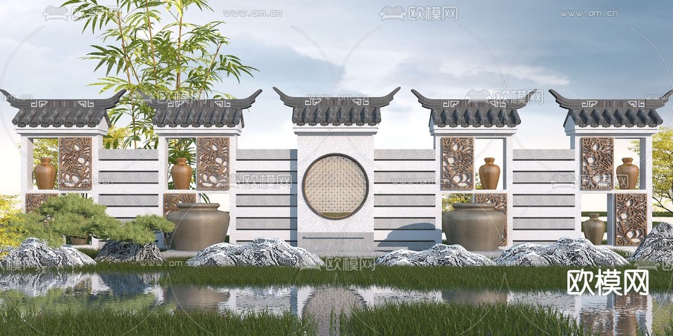 中式园林景观墙小品3d模型下载