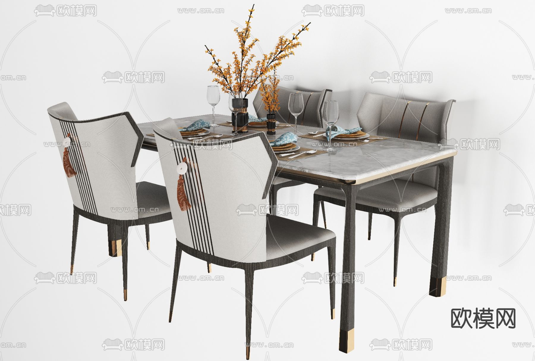 新中式轻奢餐桌椅免费3d模型下载