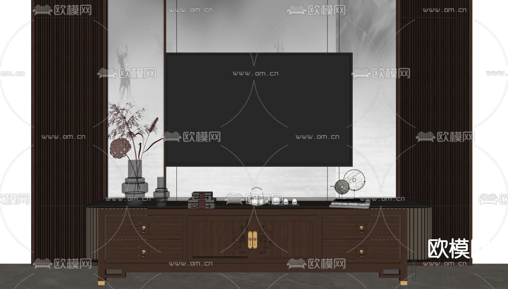 新中式实木电视柜su模型下载（渲染图2）