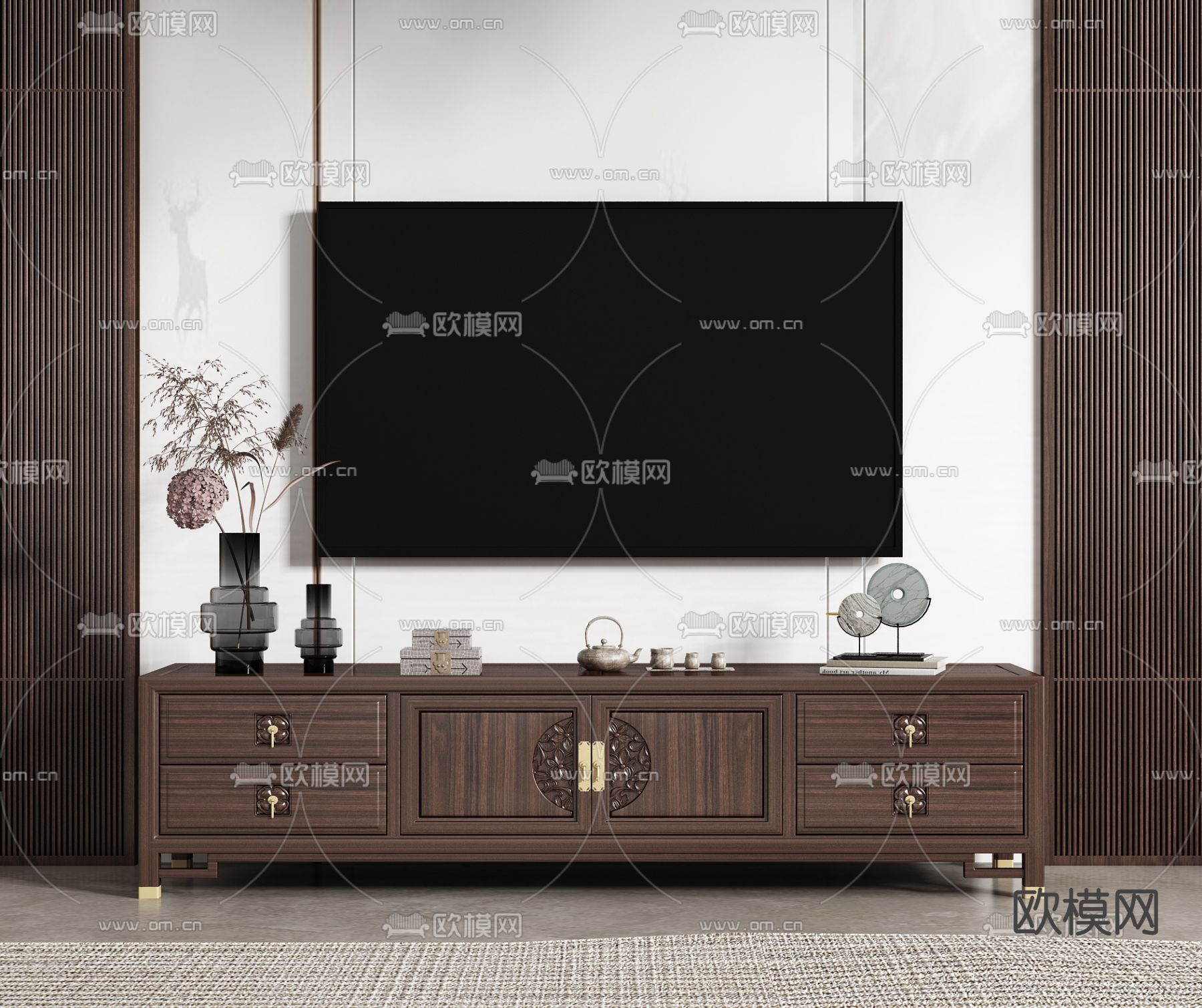 新中式实木电视柜su模型下载（渲染图1）