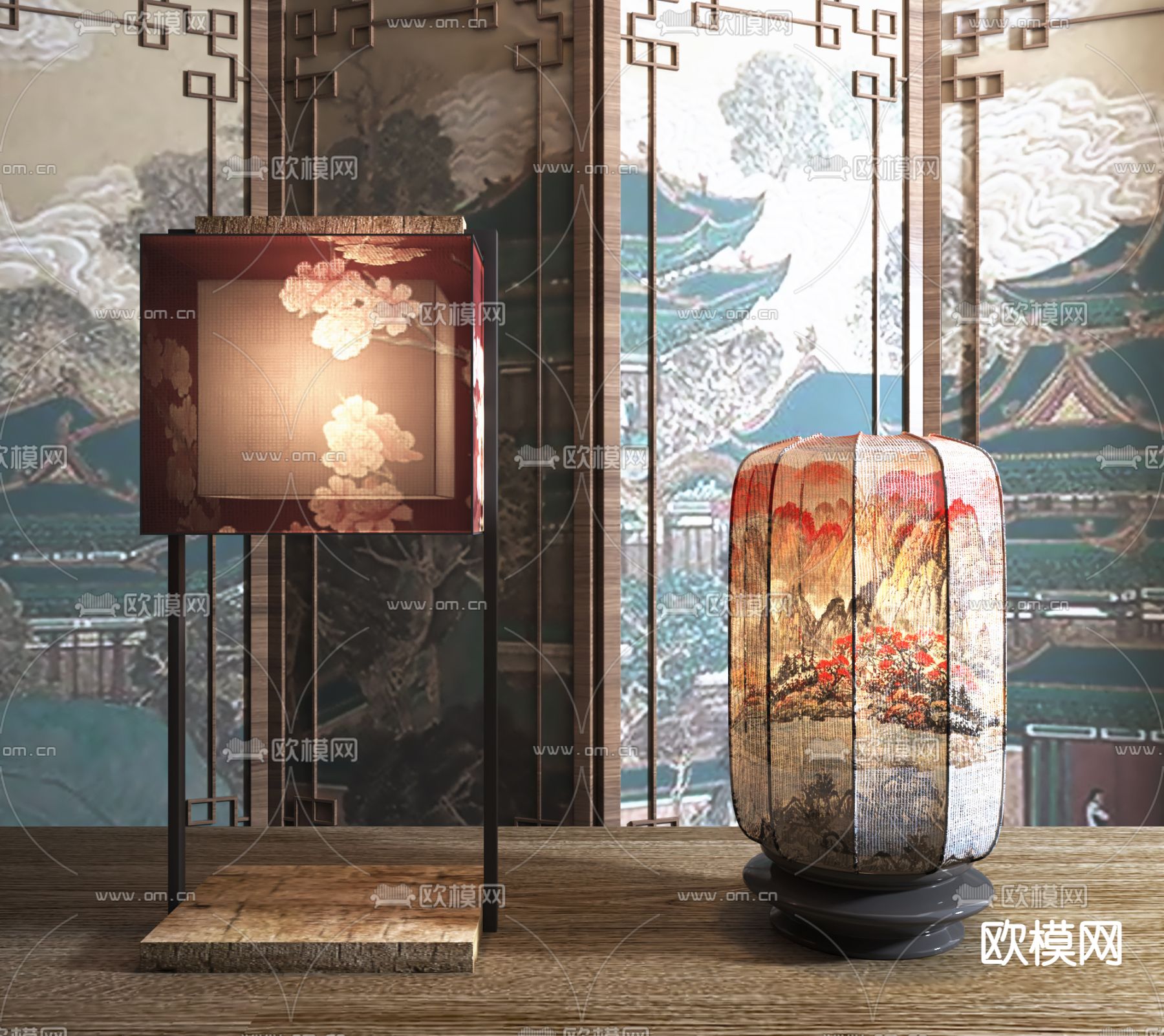 新中式灯笼台灯3d模型下载