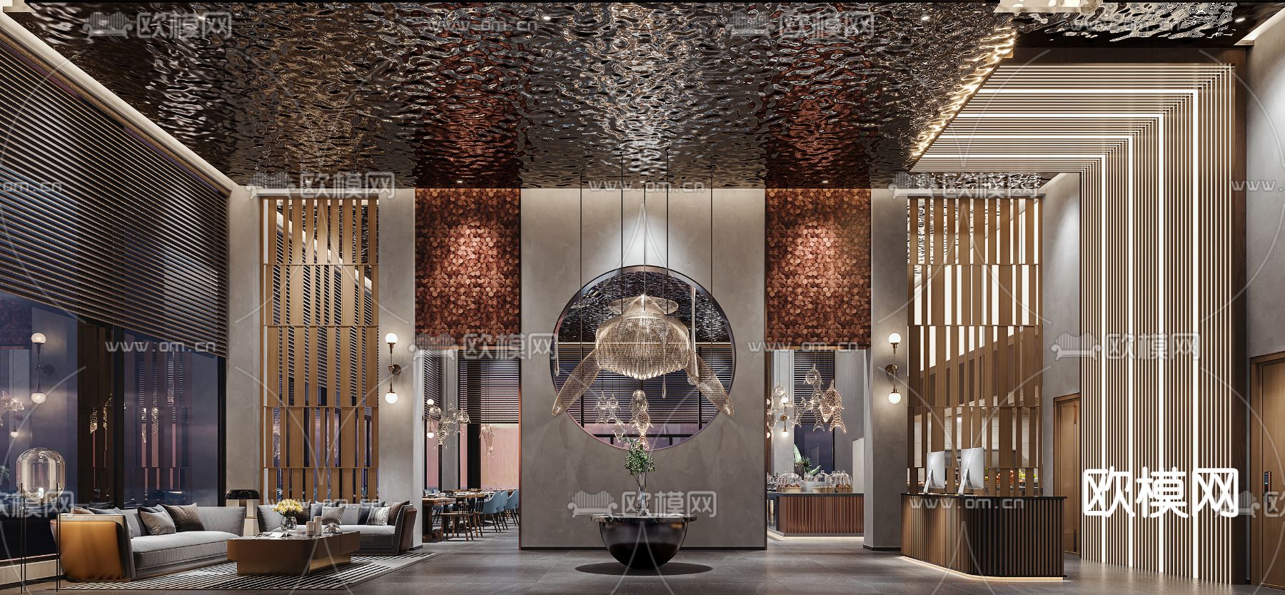 现代轻奢酒店自助餐厅3d模型下载（渲染图1）